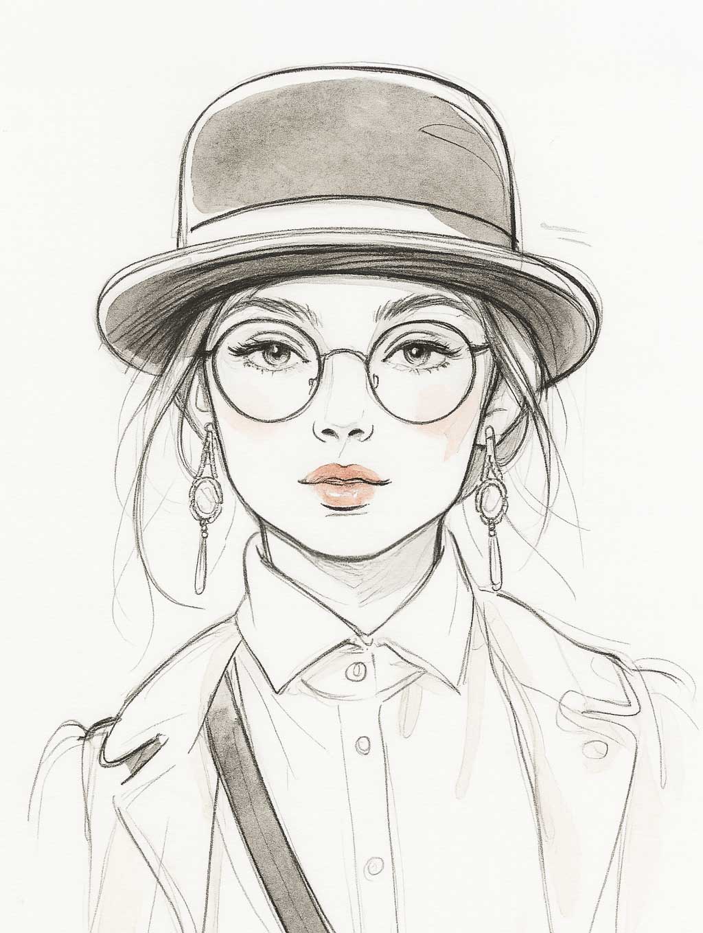 Una donna indossa occhiali rotondi, orecchini tondi e un Cappello Bombetta. Questi accessori ammorbidiscono le linee del suo viso. 