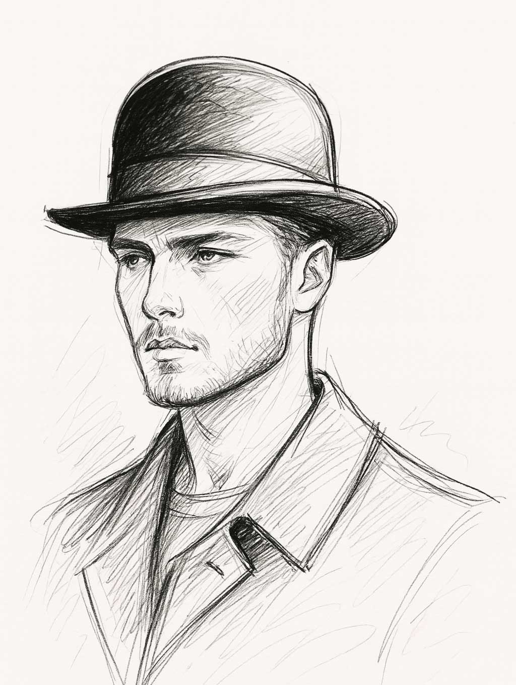 Un uomo dal volto squadrato (mascella marcata) indossa un Cappello Bombetta